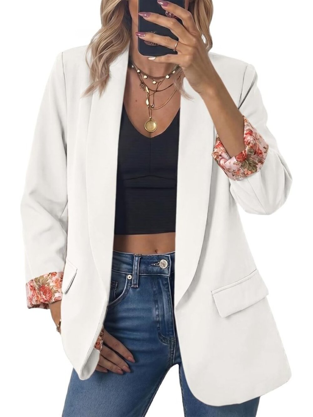 Women's White Oversized Open Front Shawl Collar Floral Cuff Classic Suit Jacket